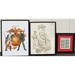 U.S.M.C. collector’s lot including 4 framed  prints/framed Marine Corps stamps.   Est.:   $75-$150.