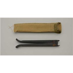 AR-15 military bi-pod with tan woven case and  brass belt hanger in overall good condition,  some ru