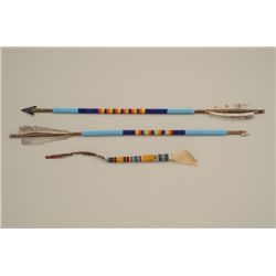 Lot of 2 beaded wood shaft Indian arrows with  stone arrowheads and a beaded awl cover,  each in ver