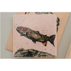 Lot of 4 art stone coasters showing  freshwater fishing theme subjects by noted  wildlife artist Mik