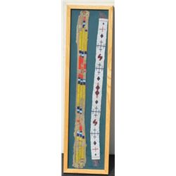Two framed Indian beaded strips, frame size  approx. 30” x 8-1/2”; one of the strips is  made of sma