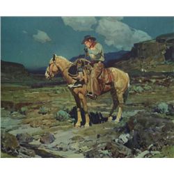 Color print by noted Western artist Frank  Tenney Johnson  (1874-1939) entitled  “Somewhere on the R