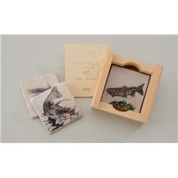 Set of 4 color etchings on stone coaster set  in wood casing by noted wildlife artist Mike  Stidham 