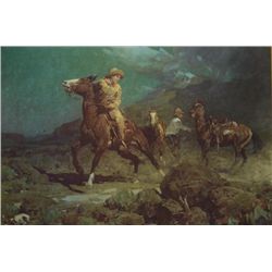 Color print by famed early Western artist  Frank Tenney Johnson entitled “A Fresh Mount  on the Pony