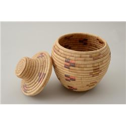Nicely woven Eskimo bowl basket by Emma  Alberts with matching lid approx. 10” in  overall height an