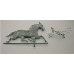 Large copper weathervane in the classic form  of a horse whose image is approx. 31” long  and 19” hi
