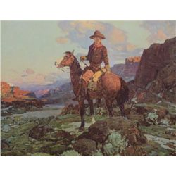Frank Tenney Johnson (1874-1939) color print  entitled “Lengthening Shadows” showing a  cowboy on hi