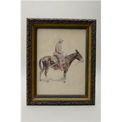 Framed color print entitled “An Army Packer”  by Frederic Remington in overall good  condition, appr