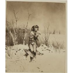 Sepia tone pulled etching of a mountain man  in the snow with his full stocked plains  rifle by fame