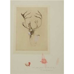 Sepia toned pulled etching of a caribou,  finely accomplished, approx. 11” x 9” image  size and 19” 