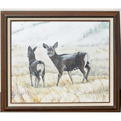 Original oil on board signed M.L. Scruggs  dated 1988 lower right; nice depiction of doe  and fawn. 