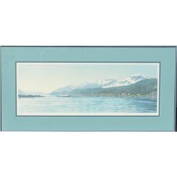 Framed and double matted color print of a  cruise ship sailing by snow covered mountains  by Marg Se