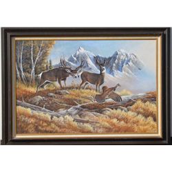 Original Oil on canvas by Keith Warrick  titled “Native Alarm” dated 1983. Approx.  24”x 30”  Est. $