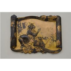 JAPANESE HI-ART BRONZE AND GOLD “SHAKADO”  PLAQUE SHOWING SCENE OF SAMARI ON HORSEBACK  WITH ATTENDE