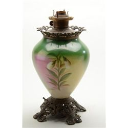 Beautiful antique large painted glass and  brass hurricane lamp approx. 18” in height  showing a lov