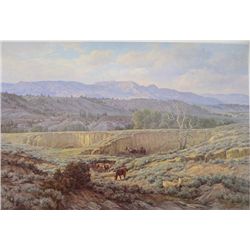 Color print entitled “Tongue River Country”  by Clyde Aspevig, approx. 19” x 26” overall  showing wi