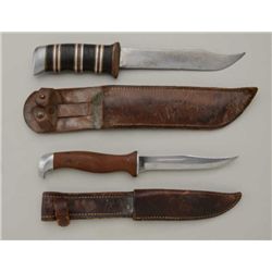 Lot of 2 misc. knives with leather sheaths:   1. Large unmarked military style knife with  stacked l