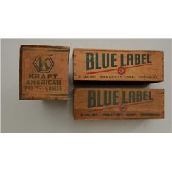 Lot of approx. 20 empty old wooden boxes for  Philadelphia cream cheese, Blue Label and  Kraft proce
