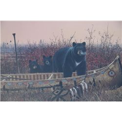 Large color print by Michael Coleman of a  mother black bear and her cubs raiding a  fishing camp, a