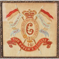 Old framed hand-sewn chevron and heraldry  celebrating the 16th Queen’s Lancers in  overall very  go