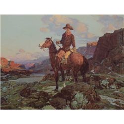 Frank Tenney Johnson (1874-1939) color print  entitled “Lengthening Shadows” showing a  cowboy on hi