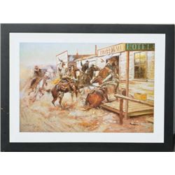 Framed large color print of Charlie Russell’s  1909 painting of a group of cowboys “taking  in” a to