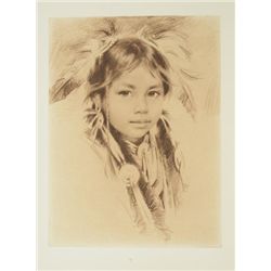 Sepia toned etching on heavy rag paper by  noted artist Harley Brown of young Indian  girl, approx. 