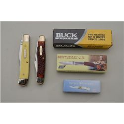Lot of 5 folding pocket knives including a  small Buck knife in the box, a small  Gentleman Jim knif