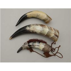 Lot of 3 powder horns, varying in size from  approx. 11” to 7” with one having ornate  metal end pie