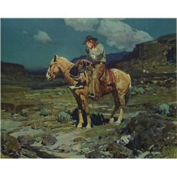 Color print by noted Western artist Frank  Tenney Johnson  (1874-1939) entitled  “Somewhere on the R