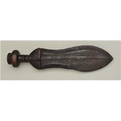 African tribal dagger with unique wooden  handle, tear drop shaped blade is 8.375" in  length, 3.125