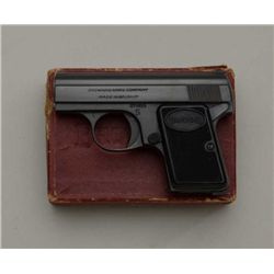 Belgian-made Baby Browning semi-auto pistol,  6.35mm cal., blue finish, checkered black  plastic gri
