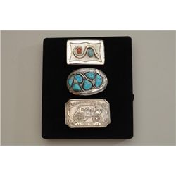 Lot of two Indian belt buckles, one with  turquoise, the other with turquoise and coral  and a Wells