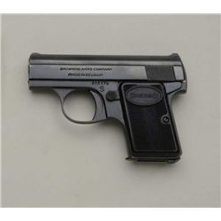 Belgian-made Baby Browning semi-auto pistol,  6.35mm cal., blue finish, checkered black  plastic gri