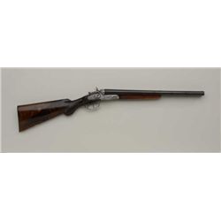 Antique SxS exposed hammers shotgun, barrels  cut down to 18-1/4”, re-blued engraved  receiver, wood