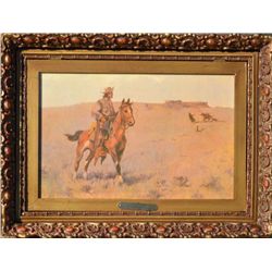 Entitled "Anticipation and Exasperation" by  Charles Marion Russell.  The artwork opens on  a hinge 