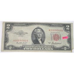1953 SERIES A RED SEAL $2 BILL SERIAL # A51034562A *RARE EARLY BILL*!! BILL CAME OUT OF SAFE!!