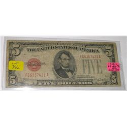 1928 SERIES C $5 RED SEAL BOND DOLLAR BILL SERIAL # F66357431A *RARE EARLY VERY FINE BOND NOTE*!!