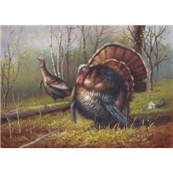 5 x 7 Oil on Board ~Turkeys in Forest~ Signed W.Ceruti