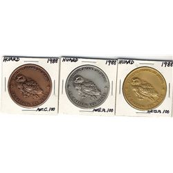 Serge Huard Medals; 1988 Harfang des Neiges/Trade Dollars, copper plated, silver plated and gold pla