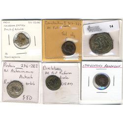 Ancients.  Mixed grouping of 6 coins.  Includes Constantine I, Justin II, Probus, Mauryan Empire etc