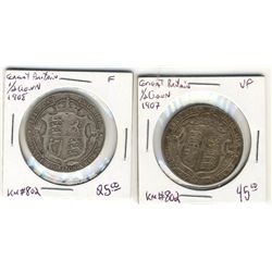Great Britain 1/2 Crown 1907 VF-20 & 1908 F-12. Lot of 2 coins.