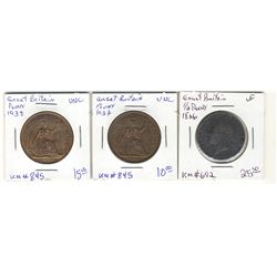 Great Britain 1/2 Penny 1826 VF, Penny 1937 UNC & 1938 UNC. Lot of 3 coins.