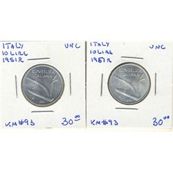 Italy 10 Lire 1951R UNC. Lot of 2 coins.
