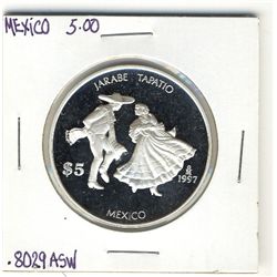 Mexico 1997 5 Dollar, Proof Silver; ,8029 ASW