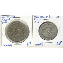 New Zealand Florin 1933 VF-20 & 1/2 Crown 1948 VF-20. Lot of 2 coins.