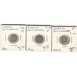 Straits Settlements 1900 5 Cents VF-20, 1900H EF-40 & 1926 VF-20.  Lot of 3 coins.