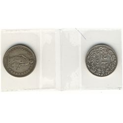 Switzerland; 2 Francs 1906B and 1916B both VF-20. Lot of 2 coins.