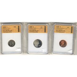 United States Cent 2008 S, 5 Cents 2008 S & 10 Cents 2008 S all SGS PR70CAM; Heavy Cameo. Lot of 3 c