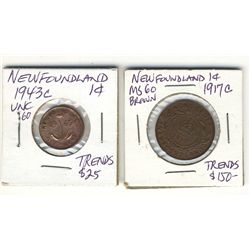 Newfoundland Cent 1917c & 1943c UNC. 1943c lighlty cleaned.